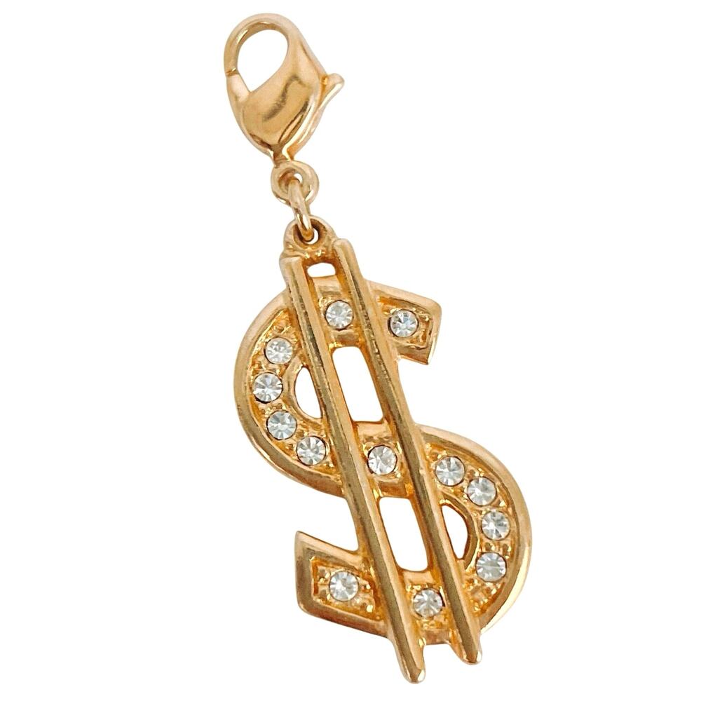VTG Signed Swarovski Swan Charm Pendant Dollar Sign Gold Tone Crystal Y2K Blingy